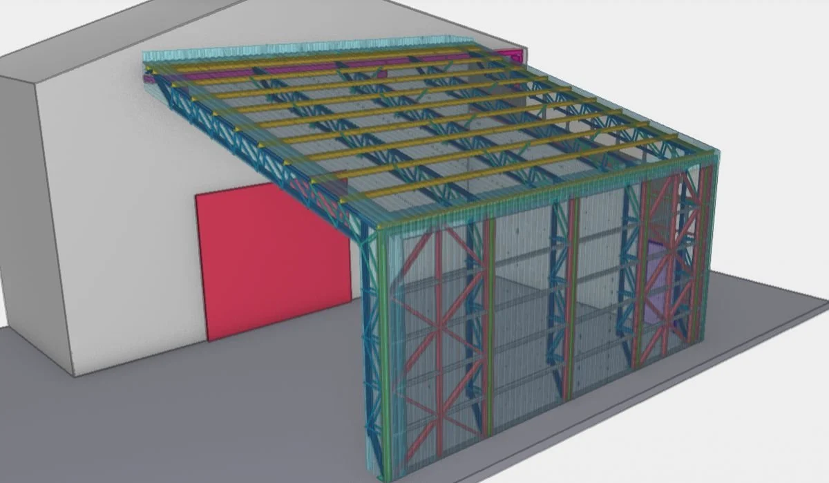 Modelo de alero metálico con cerchas, correas, columnas y diagonales.