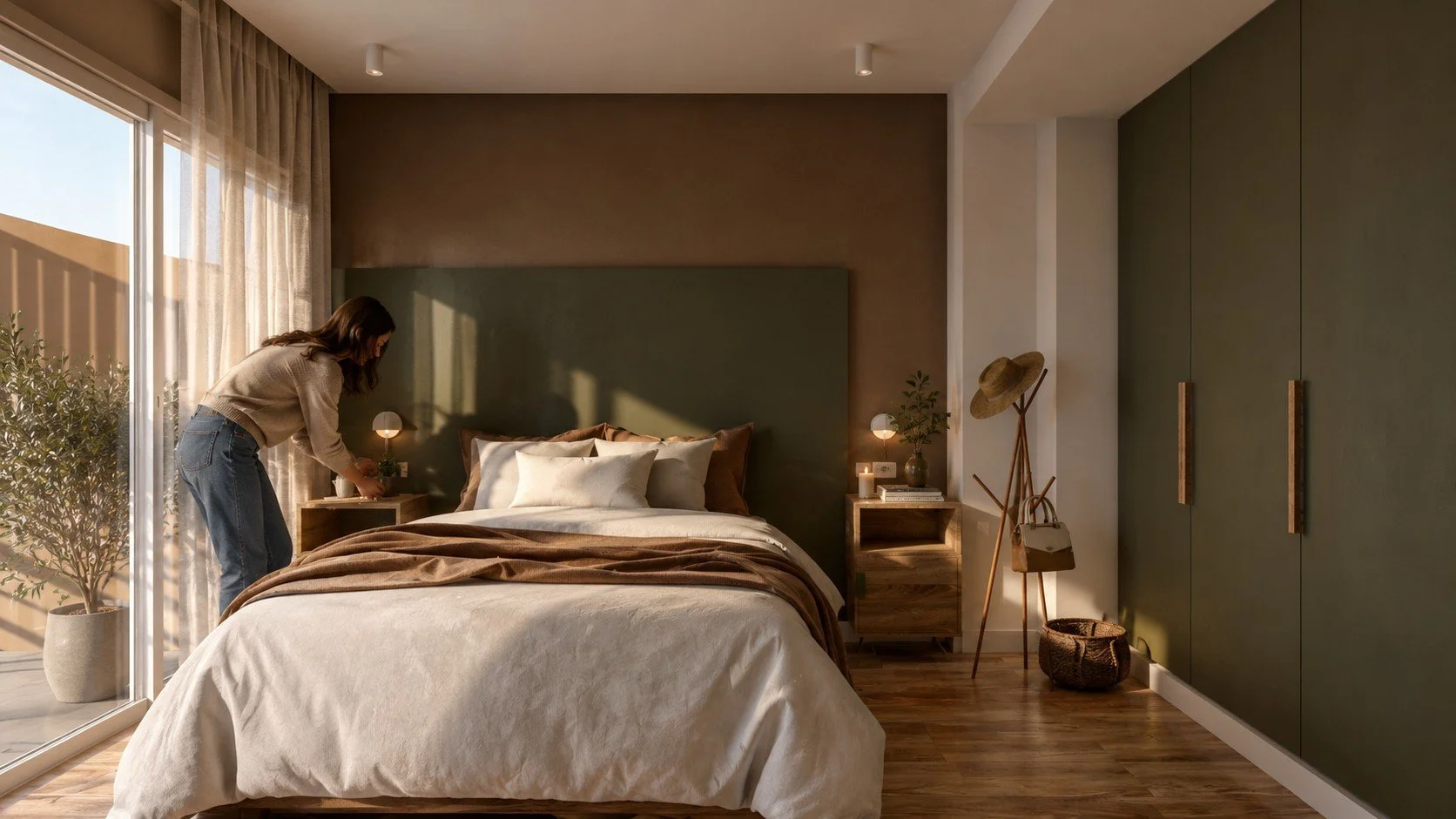 Visualización del dormitorio principal de Sánchez de Caballero, con placard, terminaciones de madera y salida al balcón.