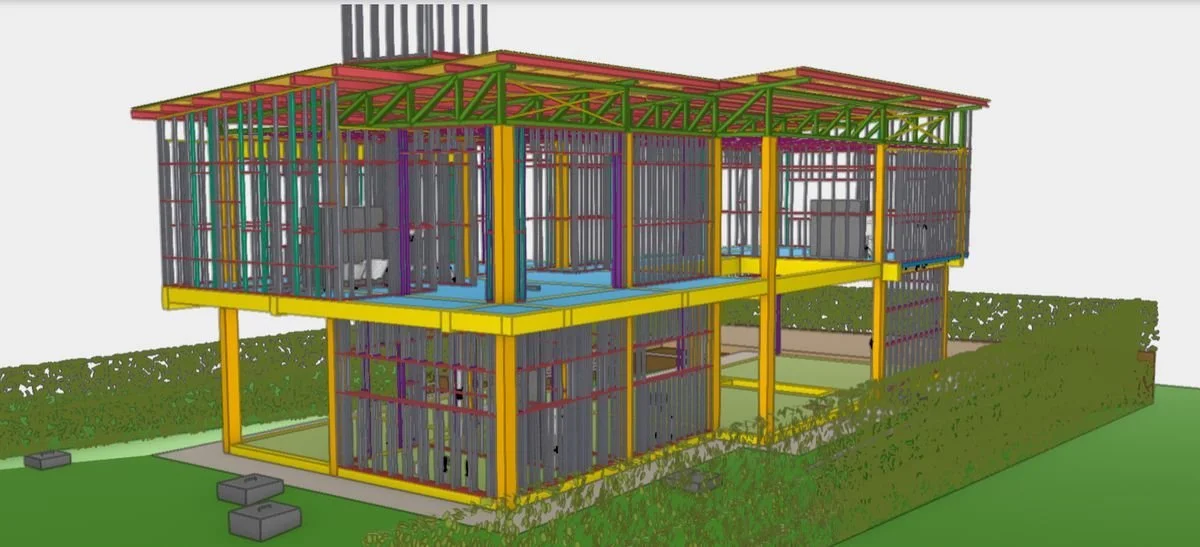 Modelo estructural de vivienda de dos plantas con entramados y cerchas.