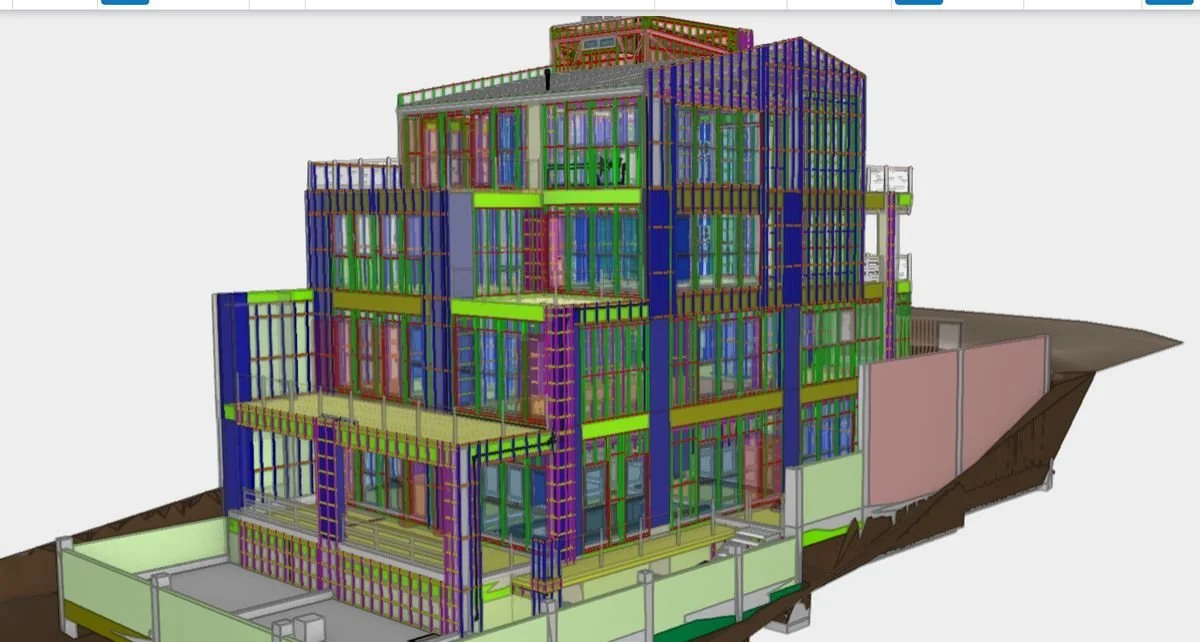 Modelo de Bahía Valentín con niveles escalonados, estructura y relación con el terreno.