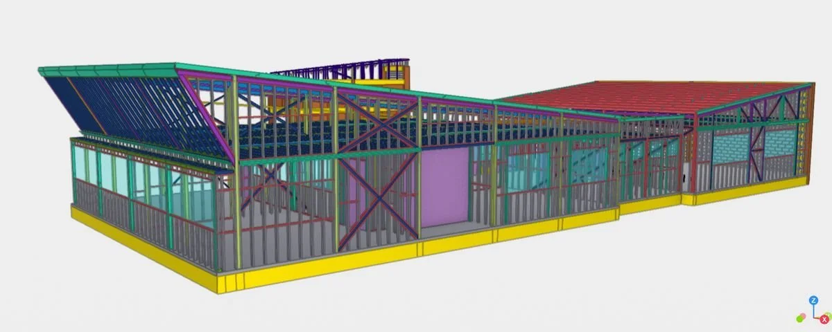 Modelo estructural de Escuela N.º 42 con perfiles, diagonales y entramados.