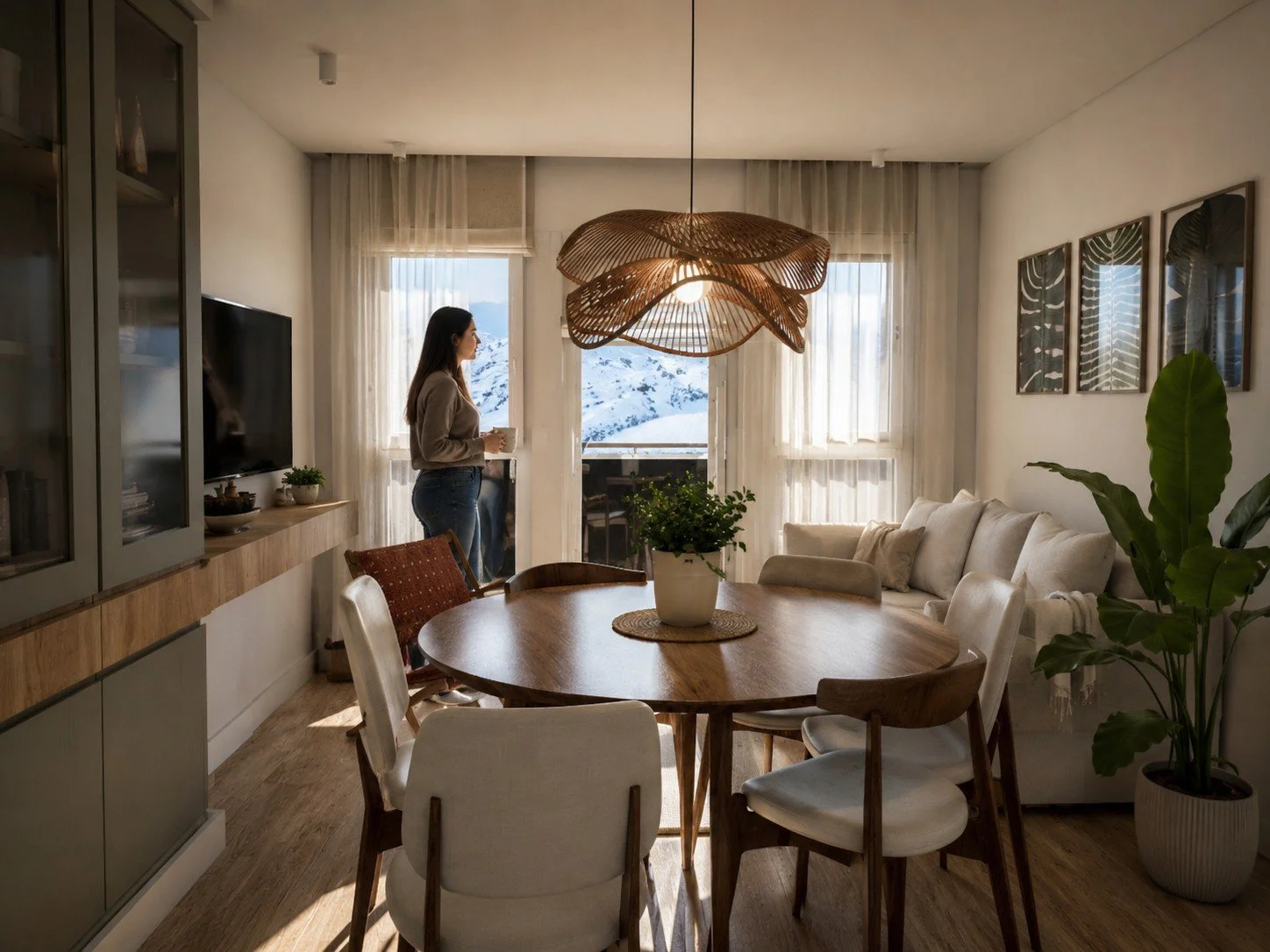 Visualización del comedor y estar de Sánchez de Caballero, con mesa de madera y conexión al balcón.
