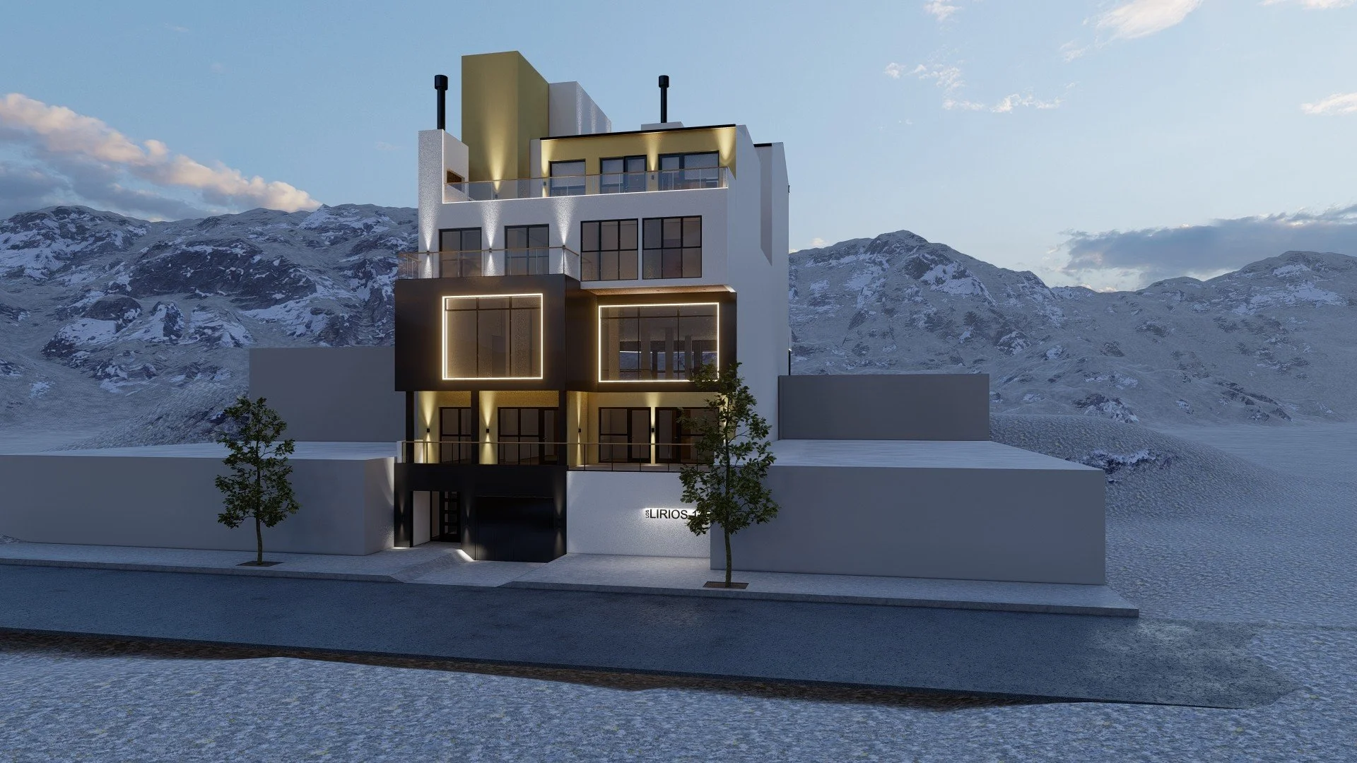Visualización exterior de Los Lirios, con balcones, acceso desde el nivel inferior e iluminación de fachada.
