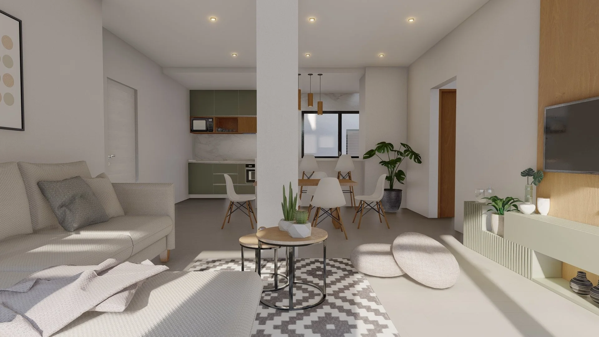 Visualización del estar y comedor del Edificio Los Lirios.