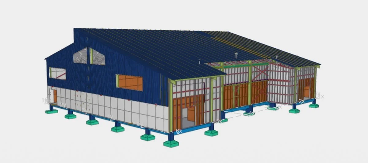Modelo del SUM con cubierta, estructura, cerramientos y bases visibles.
