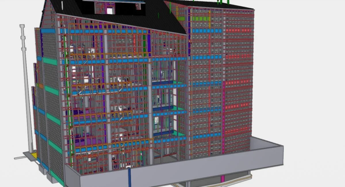 Modelo del Edificio Alem con niveles, estructura, entramados y recorridos de instalaciones visibles.