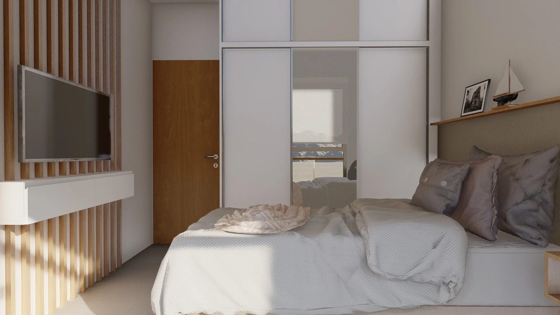 Visualización de un dormitorio de Los Lirios, con placard integrado, cama y revestimiento de madera.