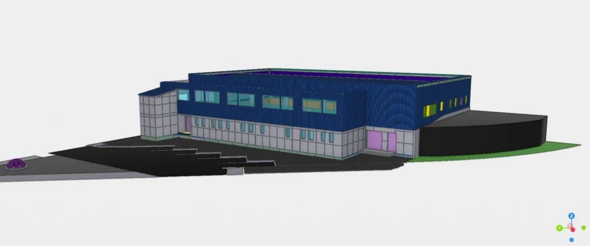 Modelo exterior del Gimnasio Luis Garibaldi con acceso y estacionamiento.
