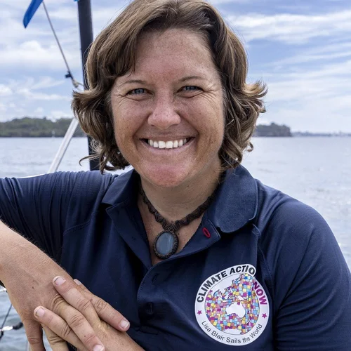 Lisa Blair OAM smiling in the hatch of her yacht