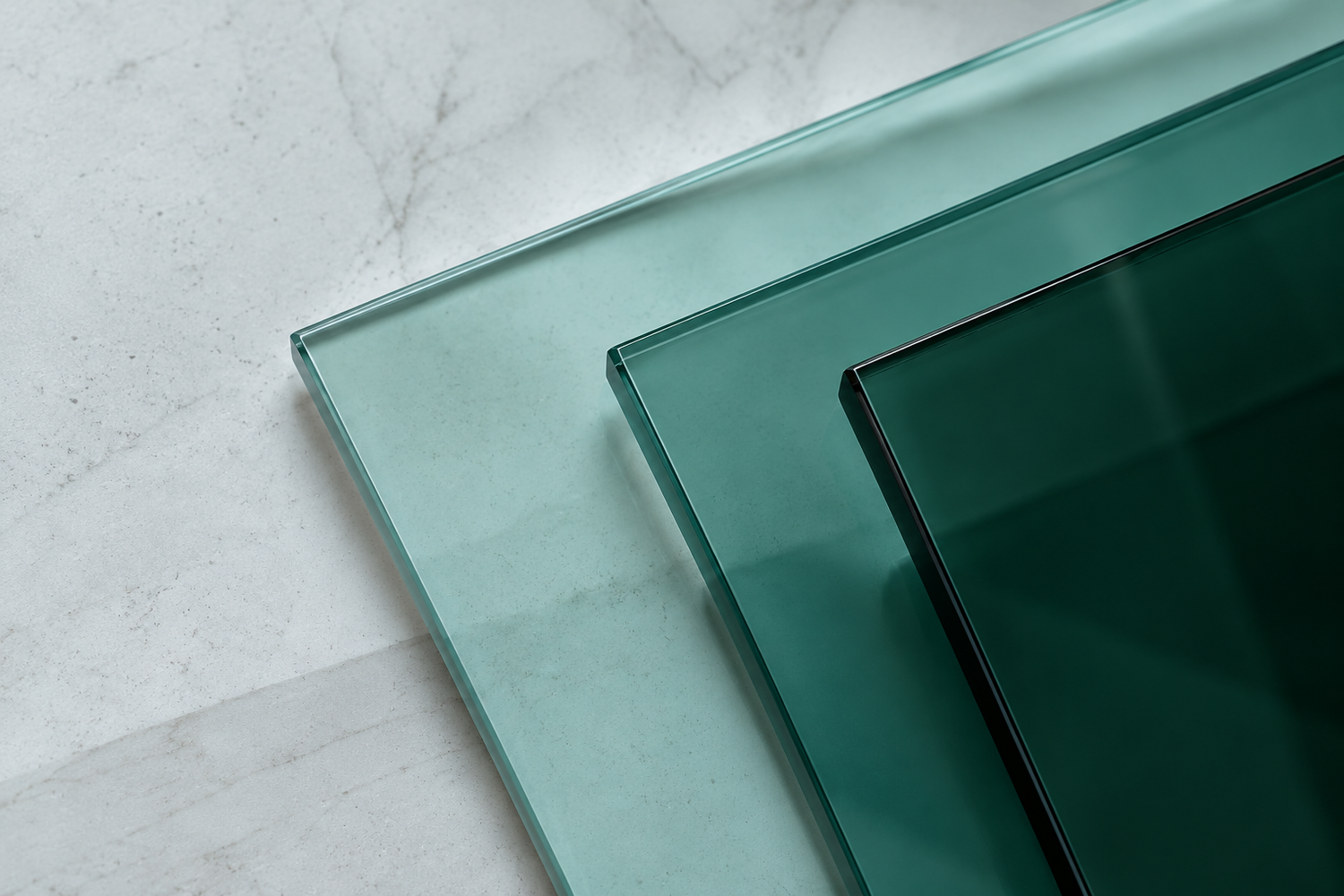 Green glass panels in three translucent tones