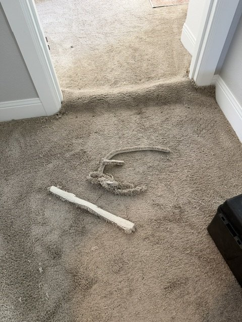 Carpet stretched to a doorway and held with stay nails, bunched up and ready to be cut and re-seamed
