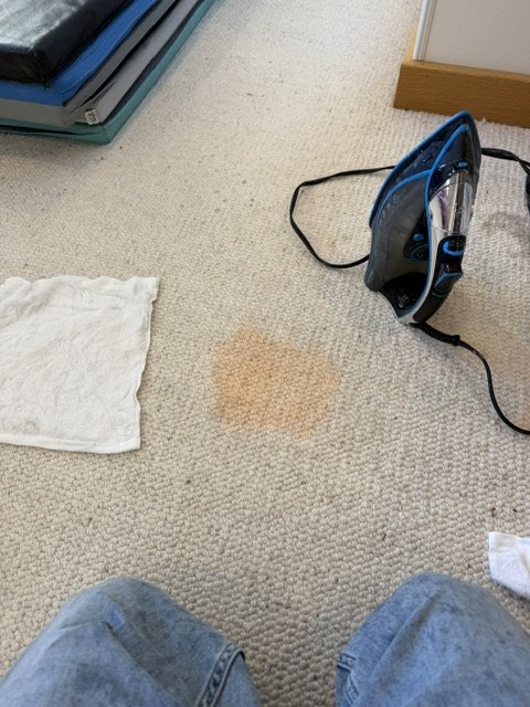 Orange soda stain on light carpet before professional stain removal, West Haven-Sylvan Portland