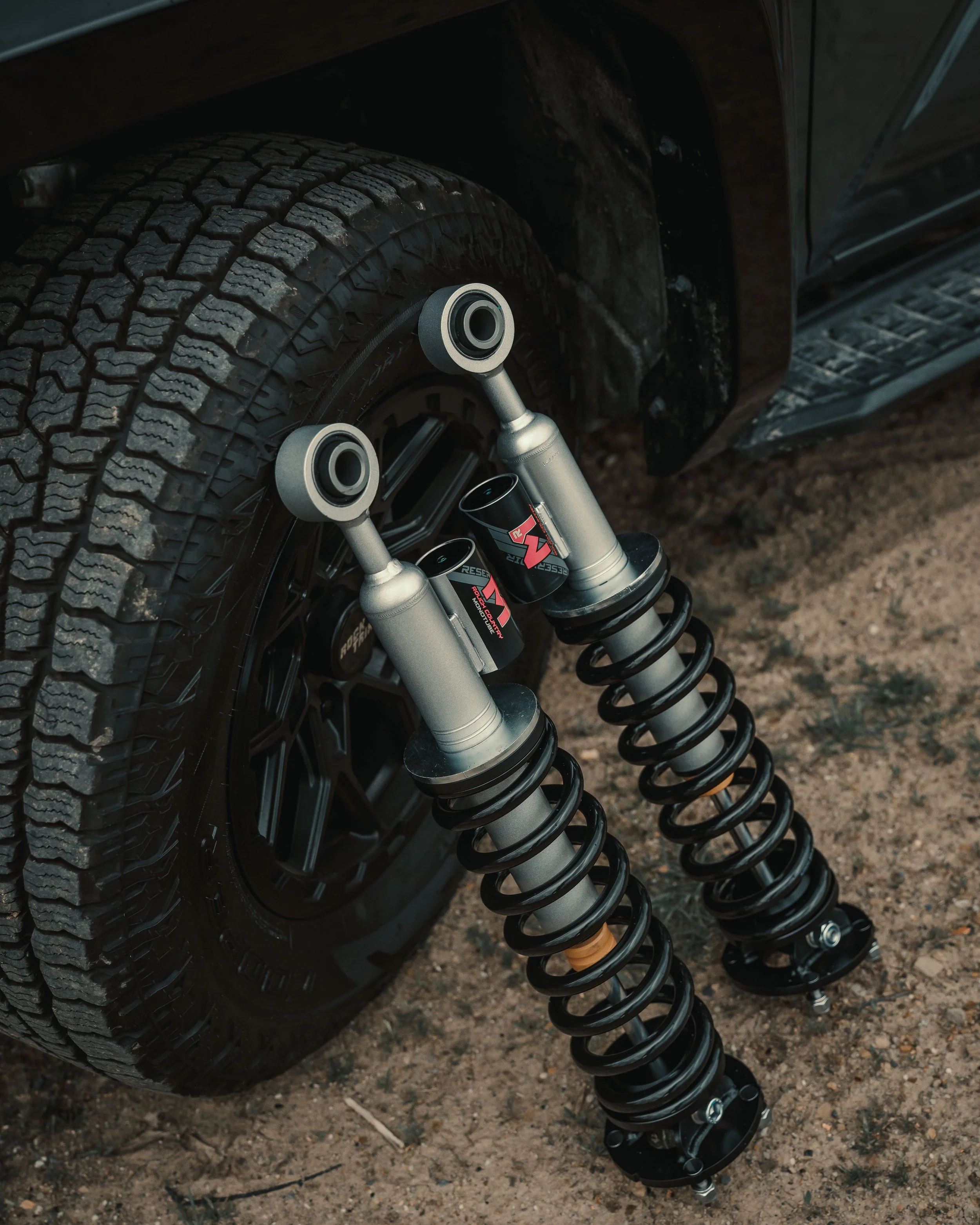 Rough Country M1R Reservoir Loaded Struts installed on the front suspension of Ian Jones' 2025 Toyota 4Runner TRD Sport build, documenting a 6th gen 4Runner suspension upgrade, leveled stance, and real fitment notes.