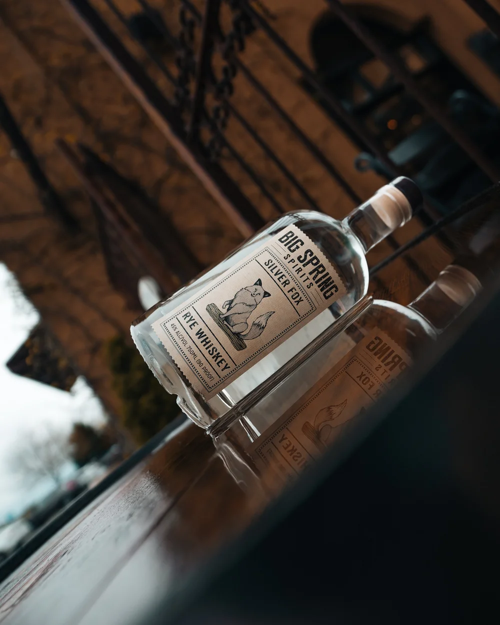 Big Springs Spirits Silver Fox Rye Whiskey bottle, Pittsburgh food product and beverage photography by Ian Jones, ISJDESIGNS