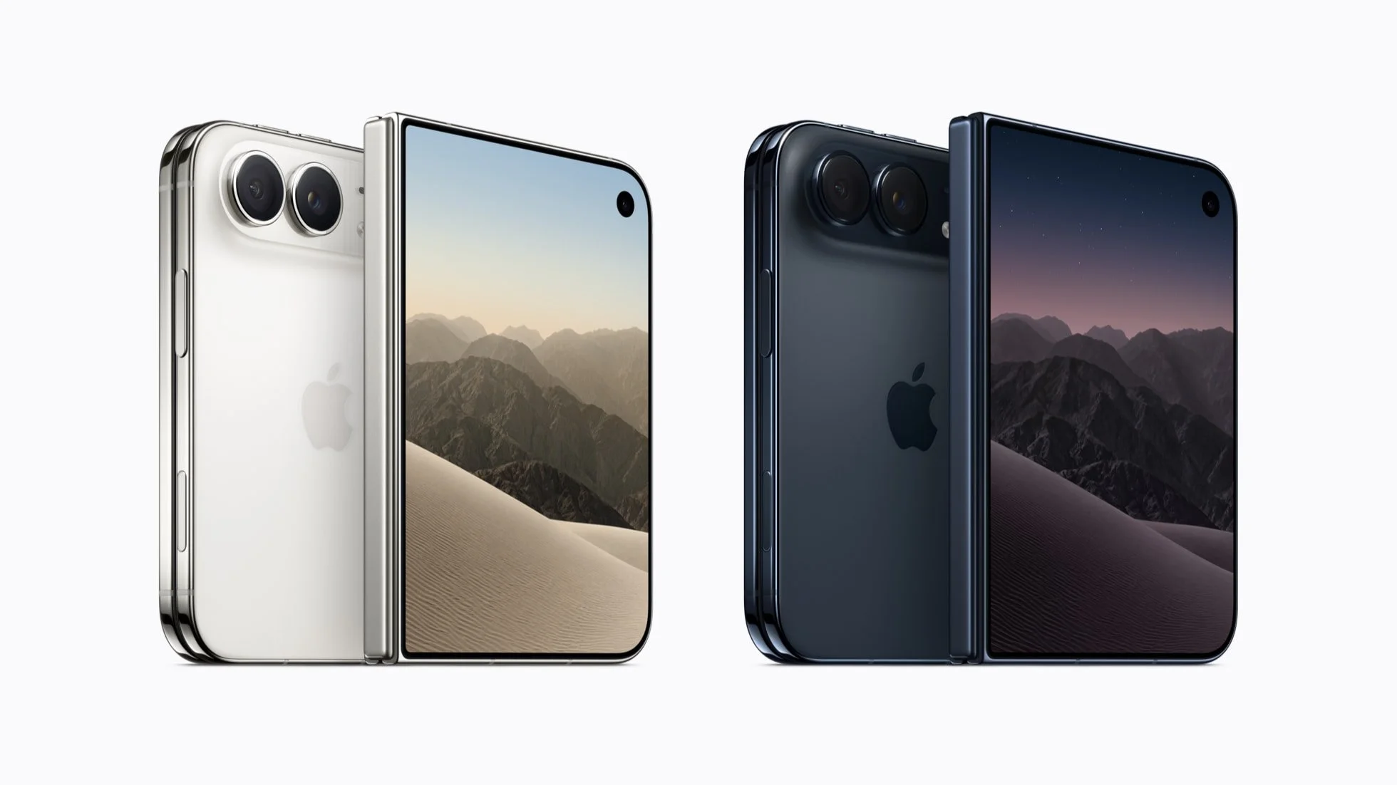 Apple iPhone Duo foldable iPhone in Star White and Night Sky, partially opened to show the titanium hinge, outer display, and dual rear camera system.