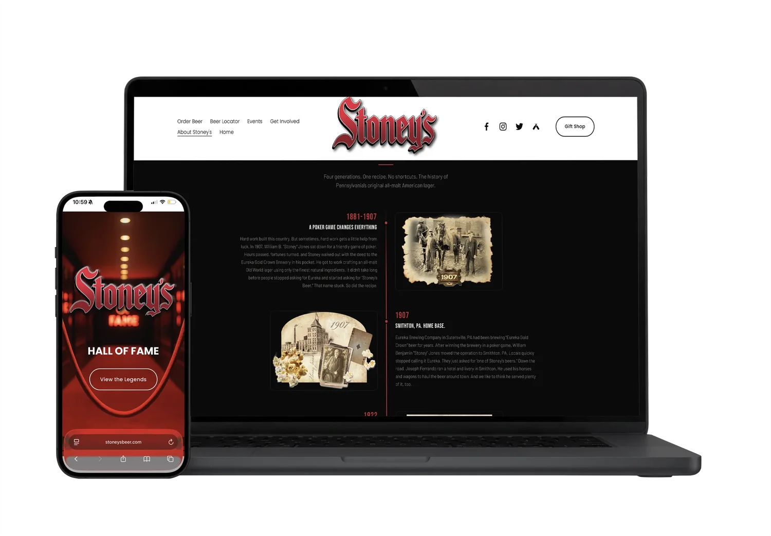 Stoney's Beer website design by Ian Jones of ISJDESIGNS, dark cinematic homepage and Hall of Fame mobile page, Pittsburgh web design.
