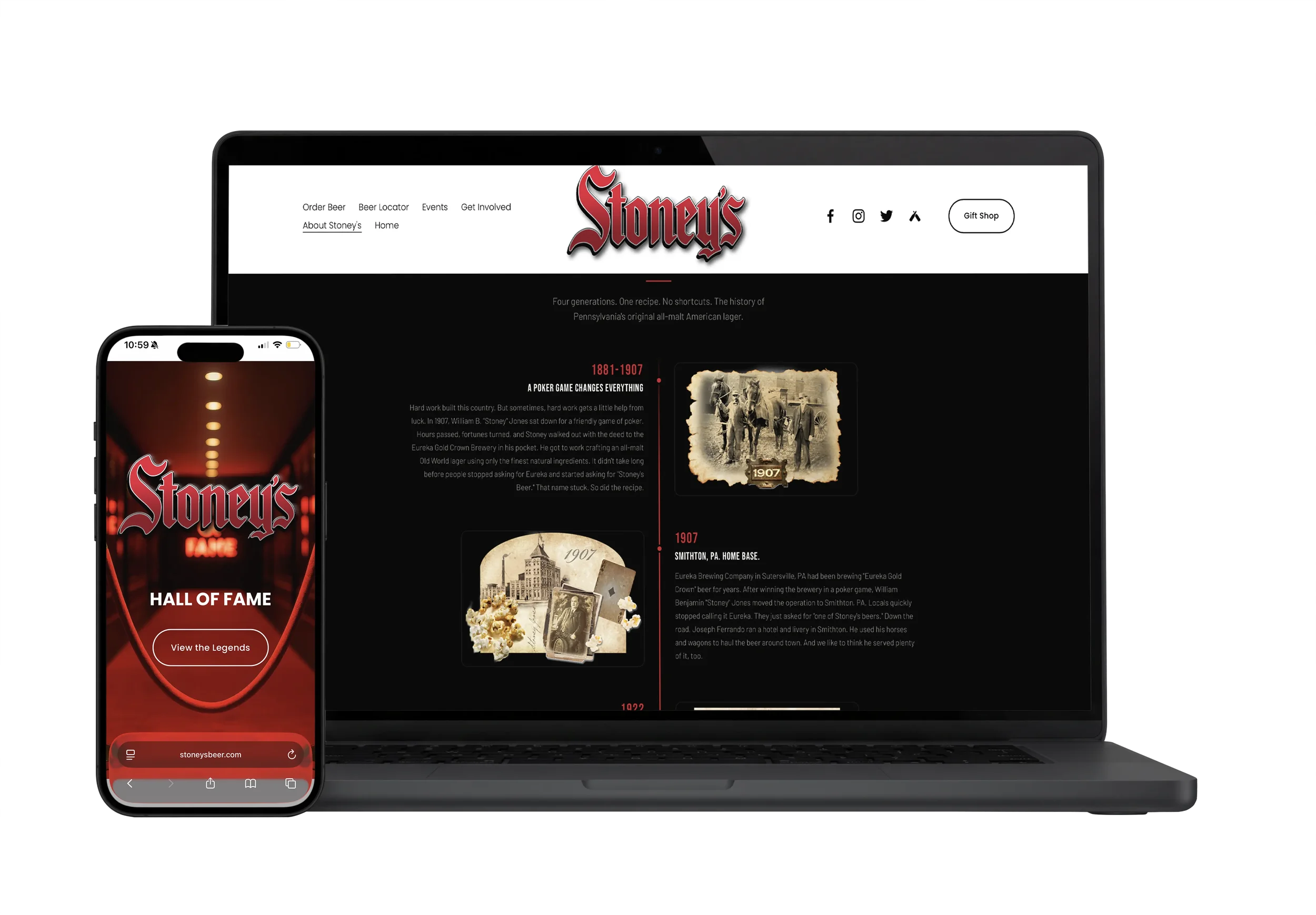 Stoney's Beer website design by Ian Jones of ISJDESIGNS showing a dark cinematic homepage and Hall of Fame mobile page, Pittsburgh web design.