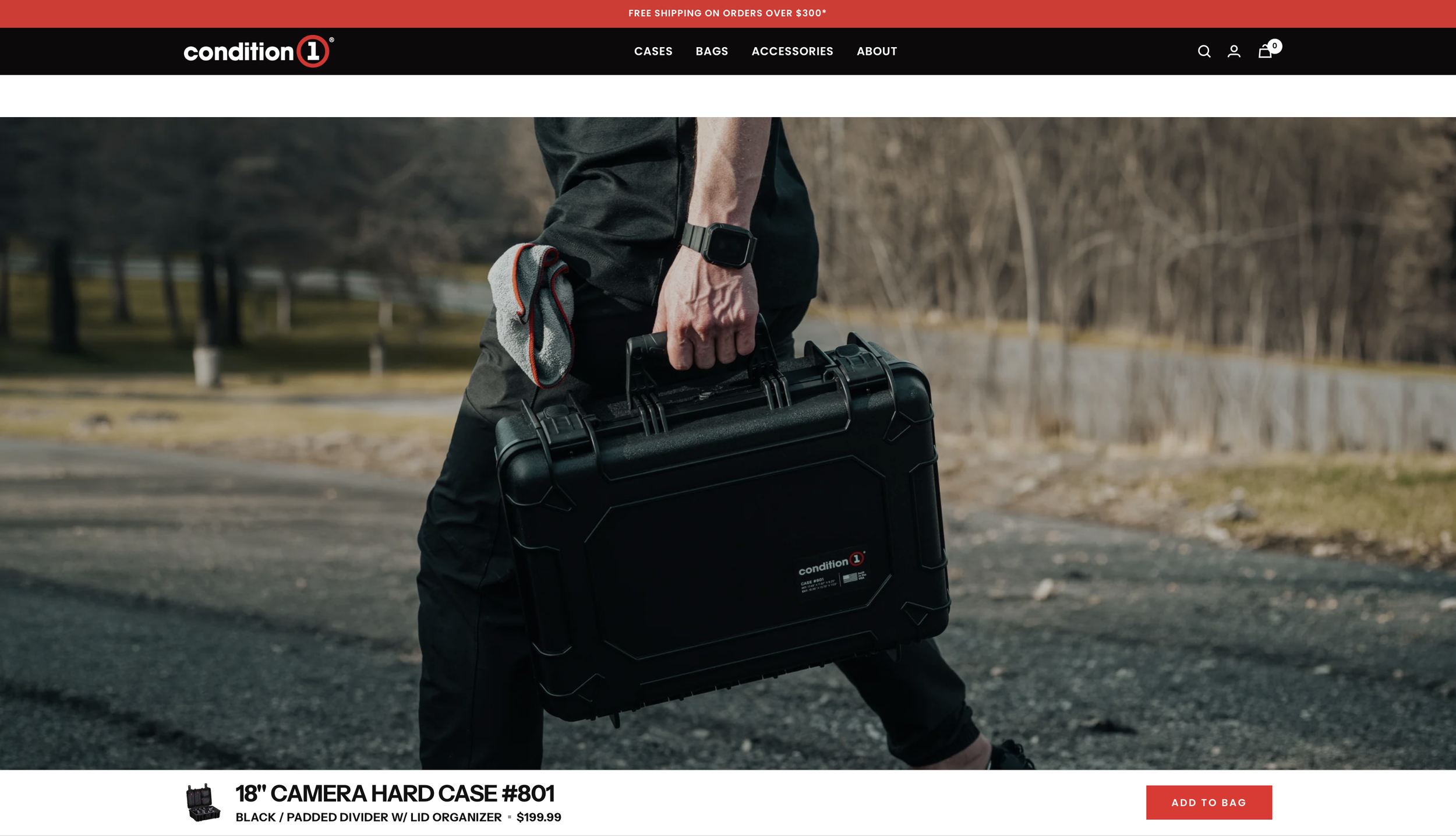 Condition 1 product page featuring Ian Jones' lifestyle photography for the 18-inch Camera Hard Case #801.