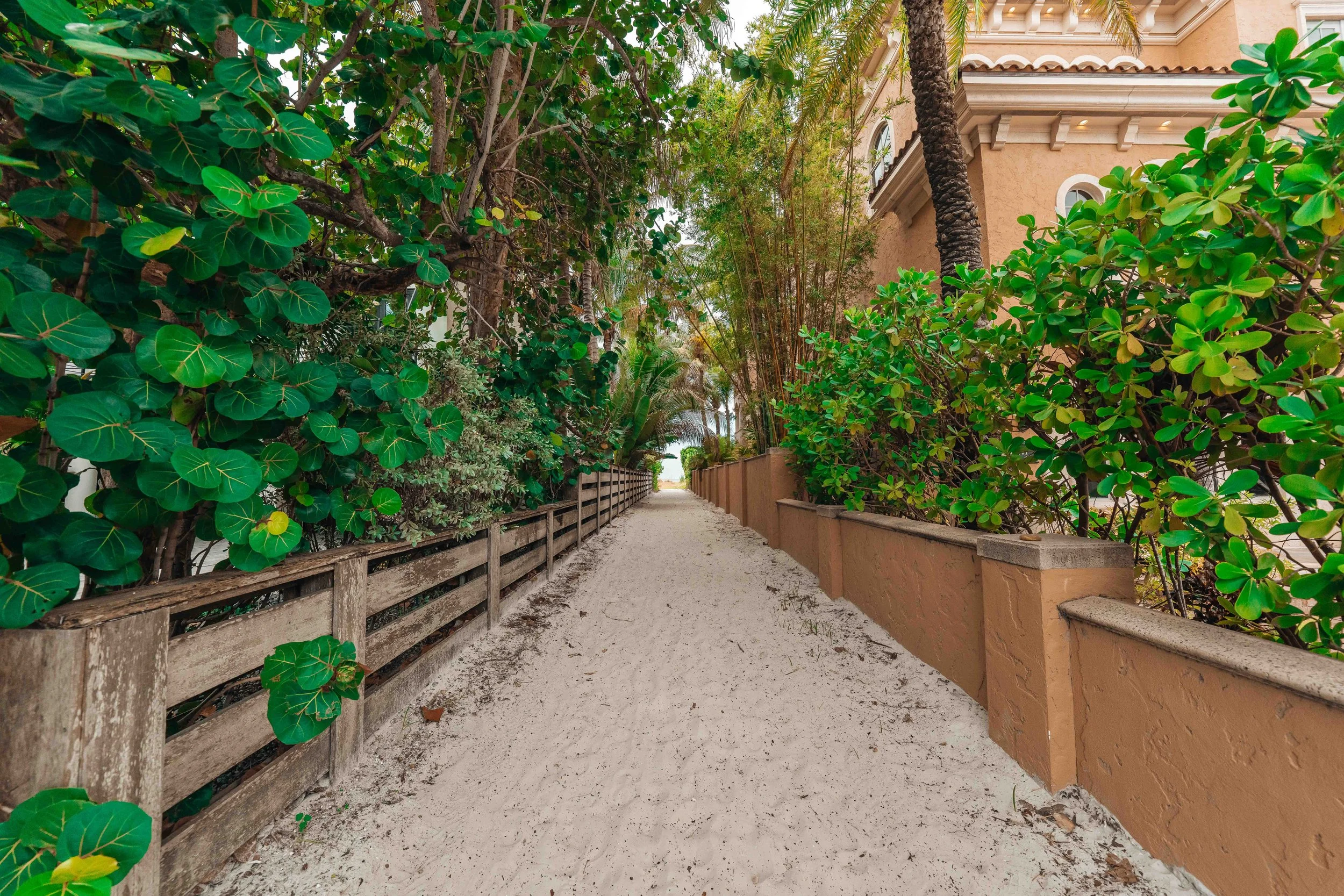Sandy beach access path on Anna Maria Island framed by tropical greenery, palms and weathered wooden fencing, photographed with the Tamron 12-20mm