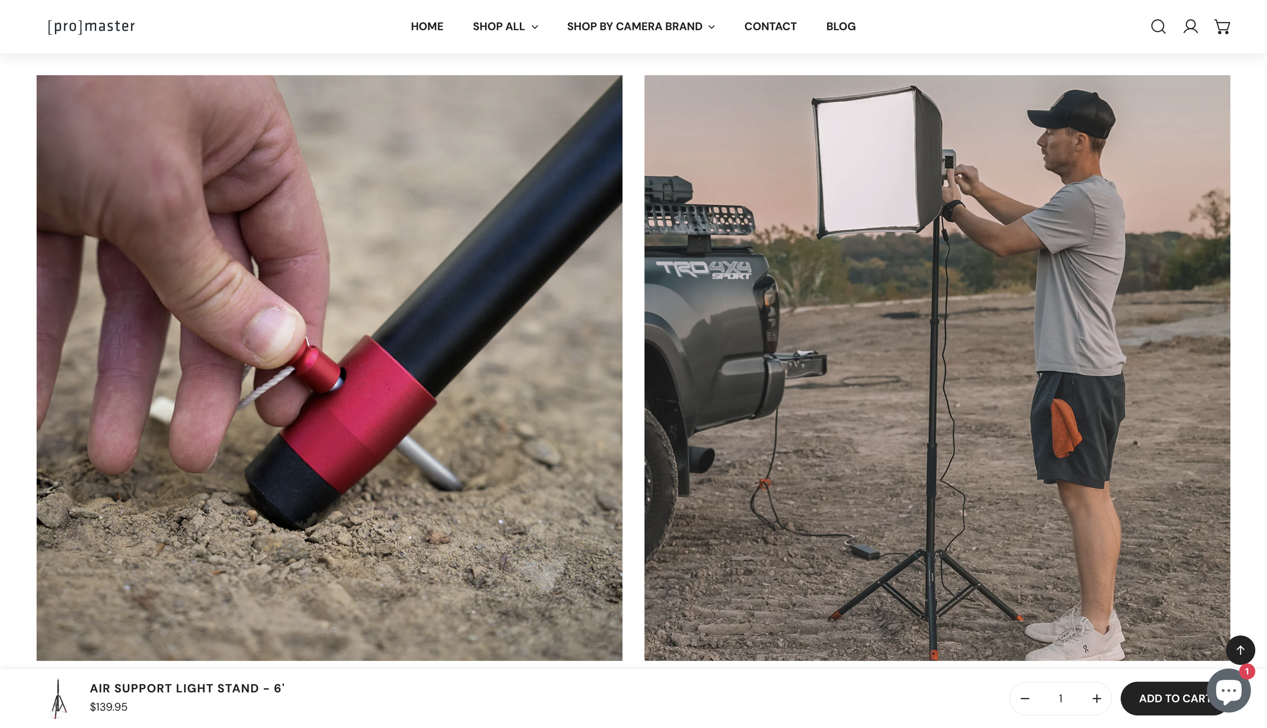 ProMaster Air Support Light Stand product page featuring Ian Jones' commercial photography.