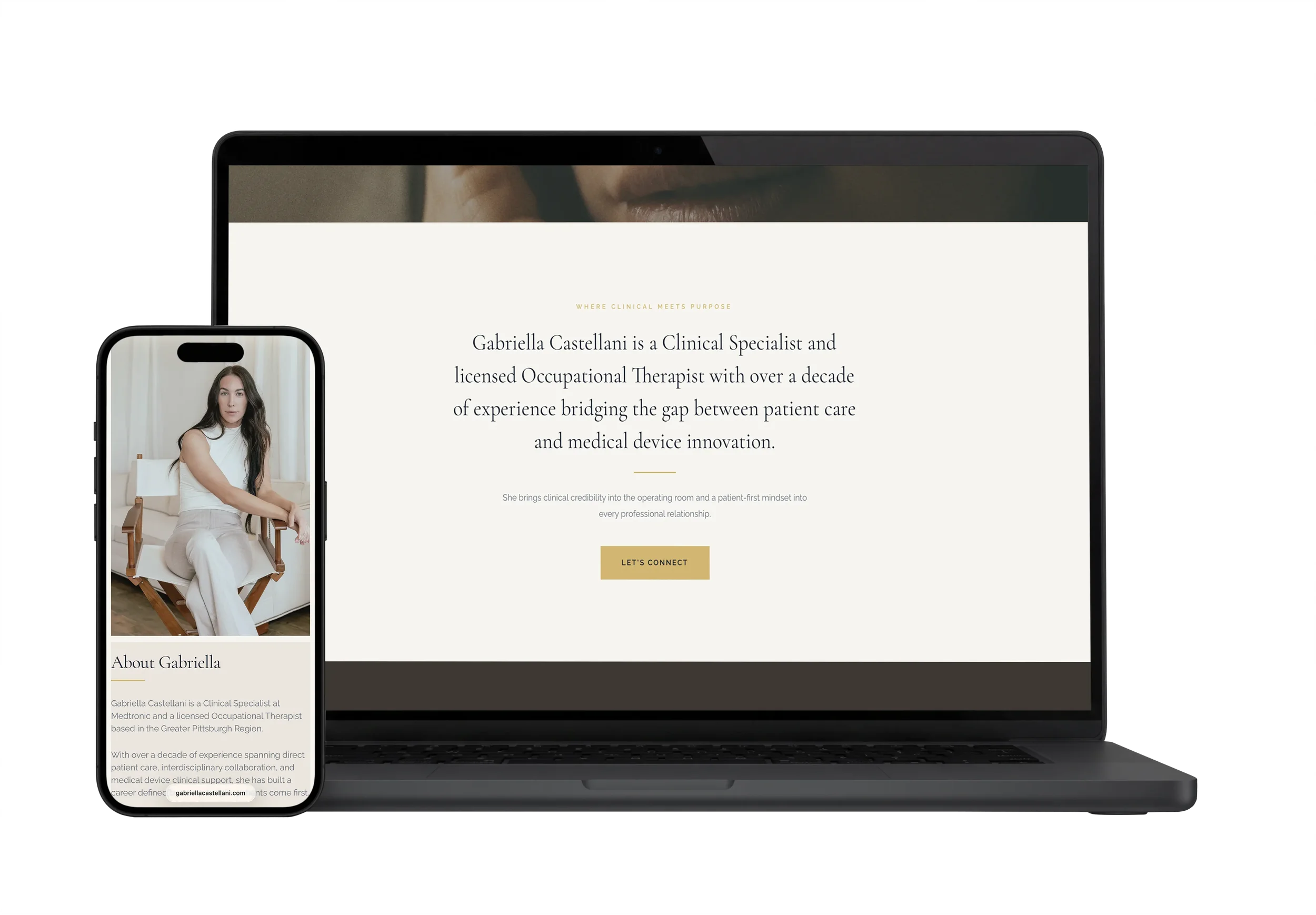 Gabriella Castellani website design by Ian Jones of ISJDESIGNS, cream and gold luxury editorial layout, Pittsburgh web design and SEO.