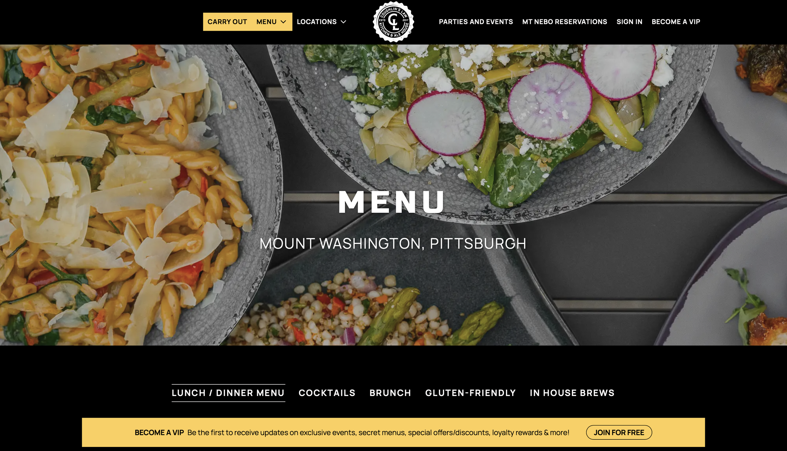Coughlin's Law Mount Washington restaurant website featuring Ian Jones' food and brand photography.