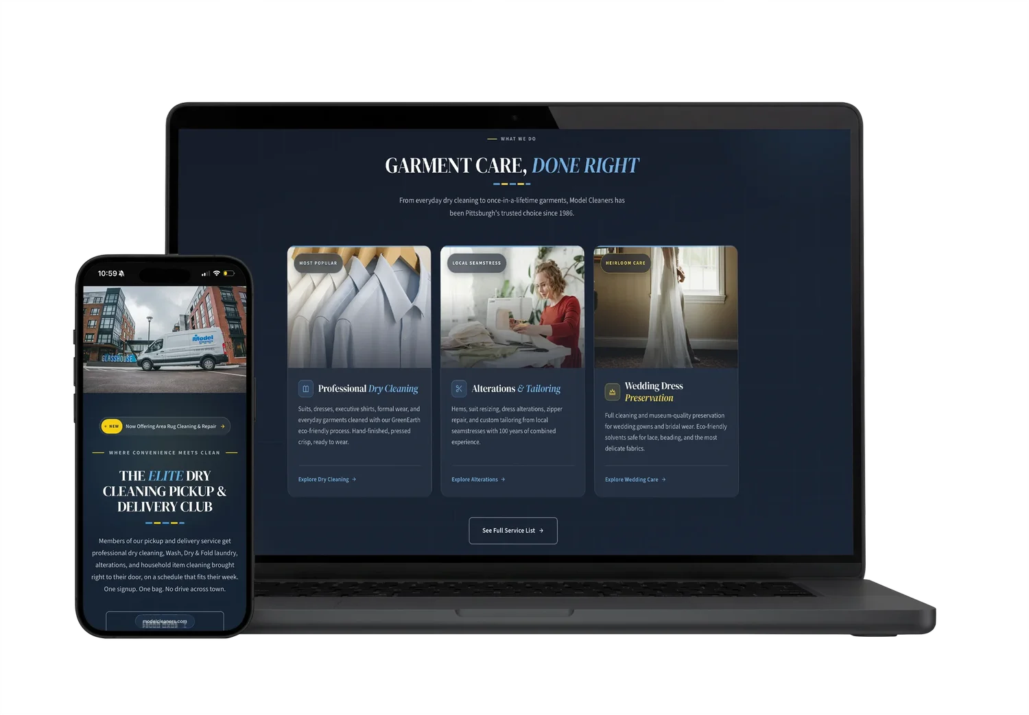 Model Cleaners Pittsburgh dry cleaning website design by Ian Jones of ISJDESIGNS, dark navy garment care services site.
