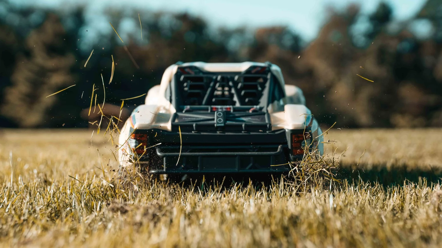 Rear view of the ARRMA Mojave 6S V3 RC desert truck sitting in sunlit grass, showing its open rear cage, off-road body and wide stance.