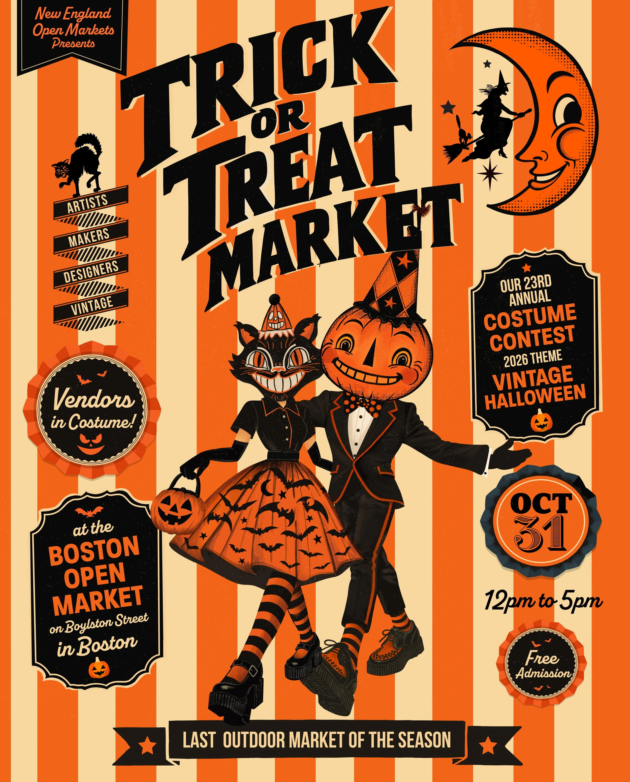 Trick or Treat Market poster: a black cat and a jack-o'-lantern in vintage Halloween costume