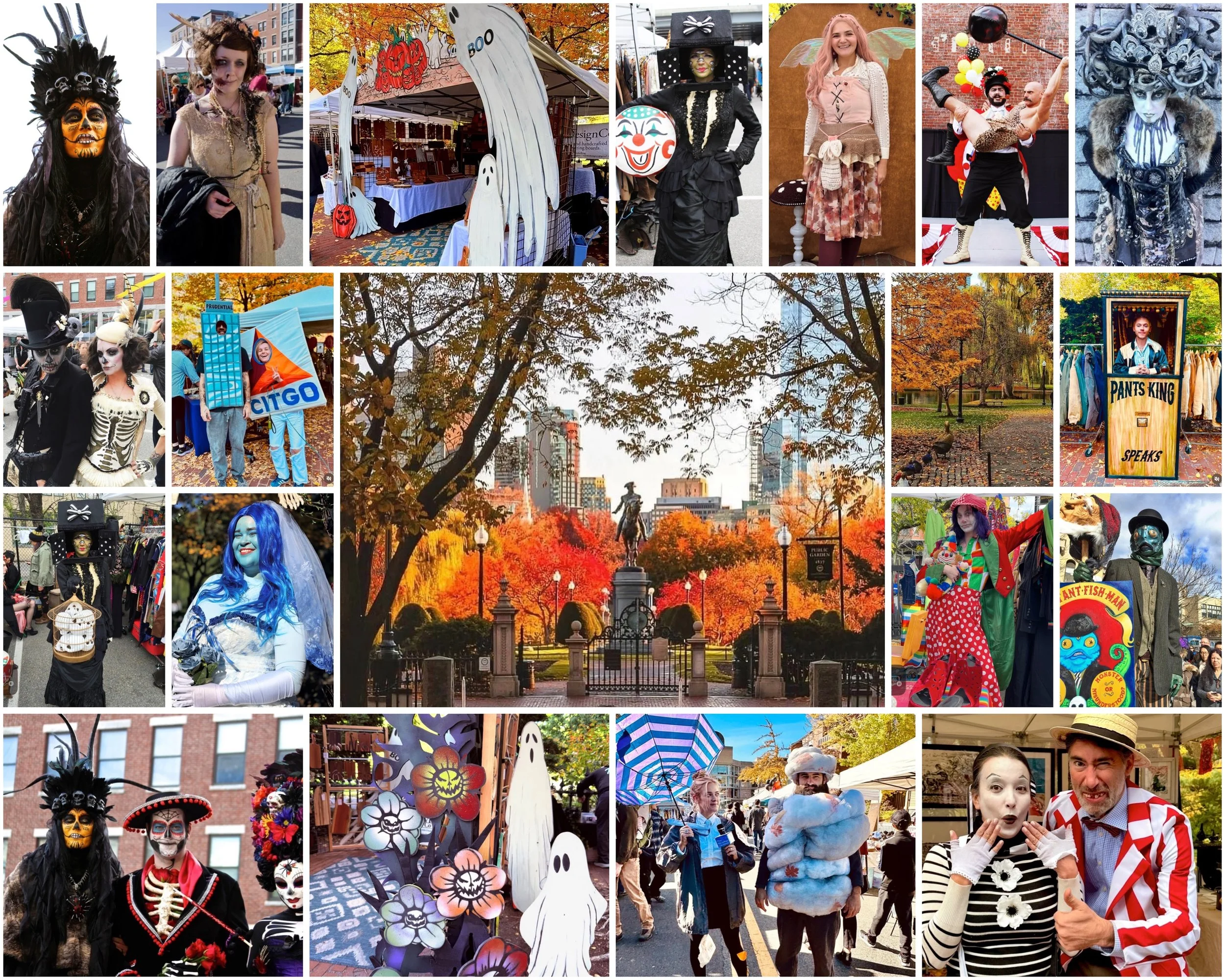 Collage of vendors in costume at past Trick or Treat Markets, with fall foliage at the Public Garden