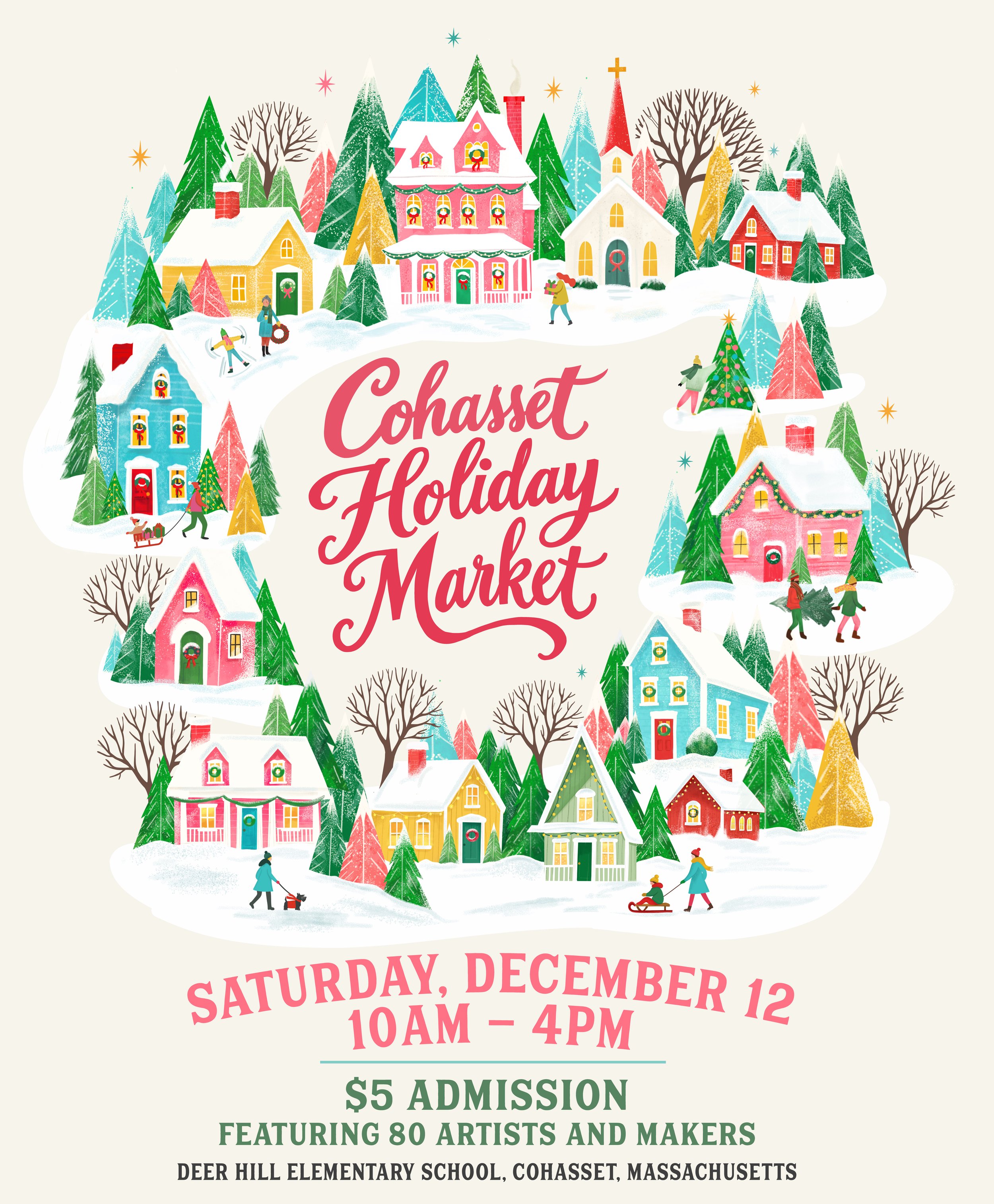 Cohasset Holiday Market poster: Saturday, December 12, 10am to 4pm, Deer Hill Elementary School, Cohasset, MA