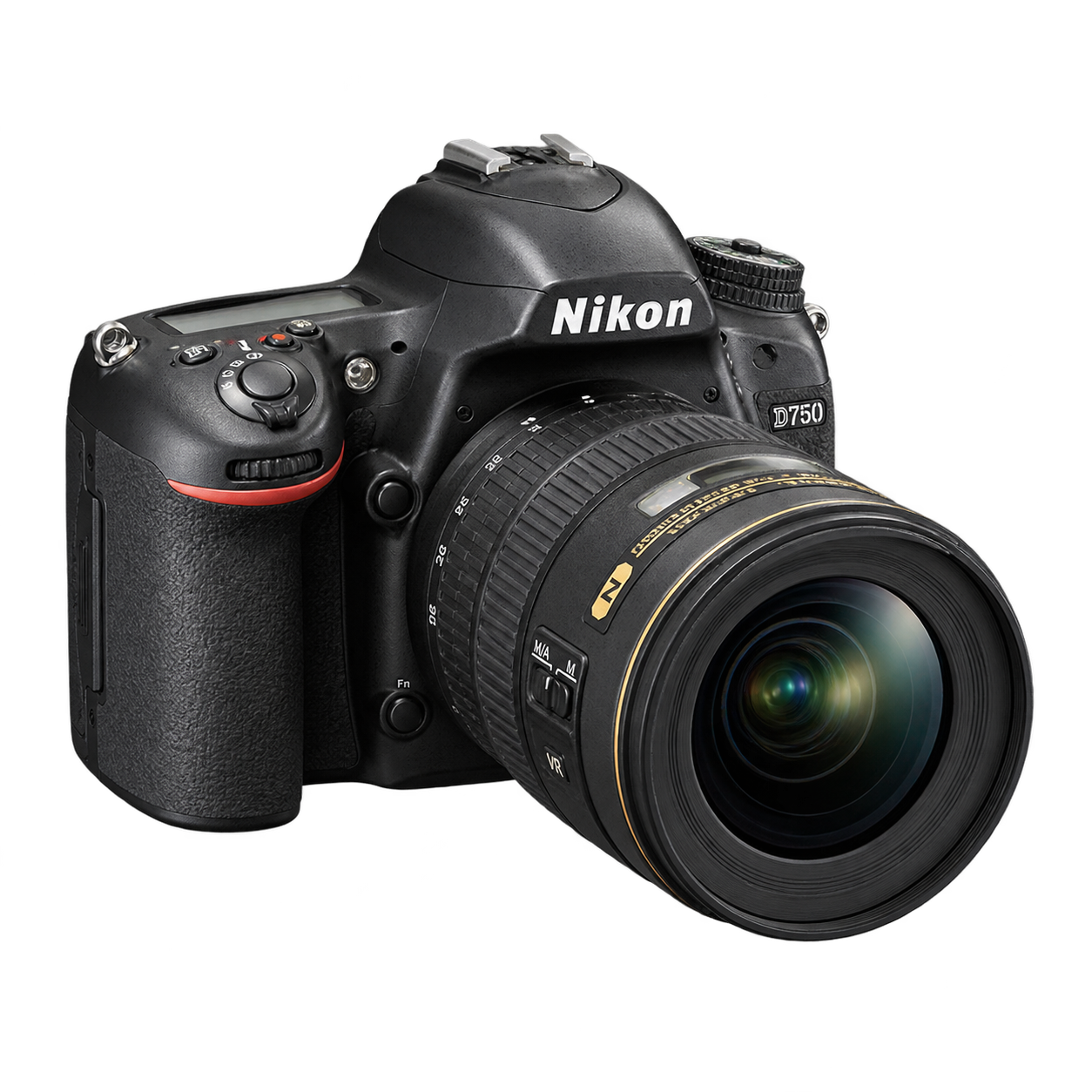 Illustration of a Nikon D750-style DSLR camera with a wide-angle lens