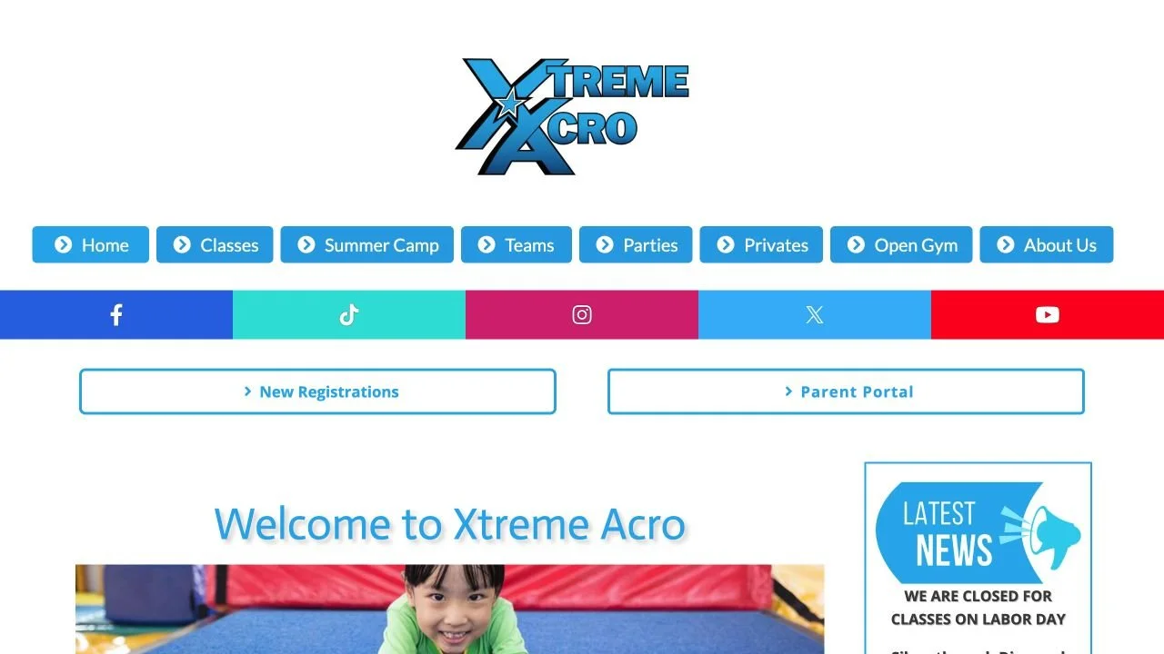 Original Xtreme Acro homepage with white background, blue buttons, social links, and welcome message
