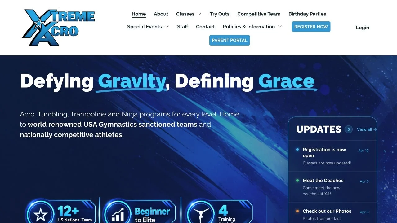 Xtreme Acro redesign with navy and electric blue graphics and Defying Gravity, Defining Grace headline