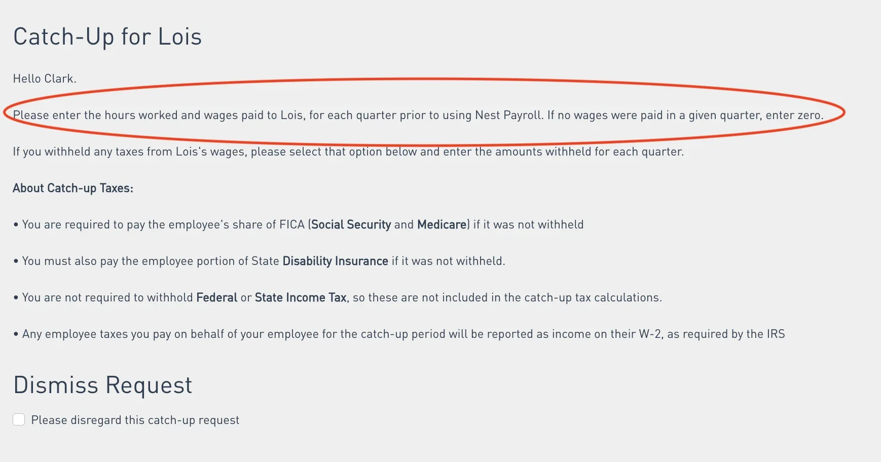 Top of the Nest Payroll catch-up form showing intro instructions and About Catch-up Taxes bullets, both highlighted