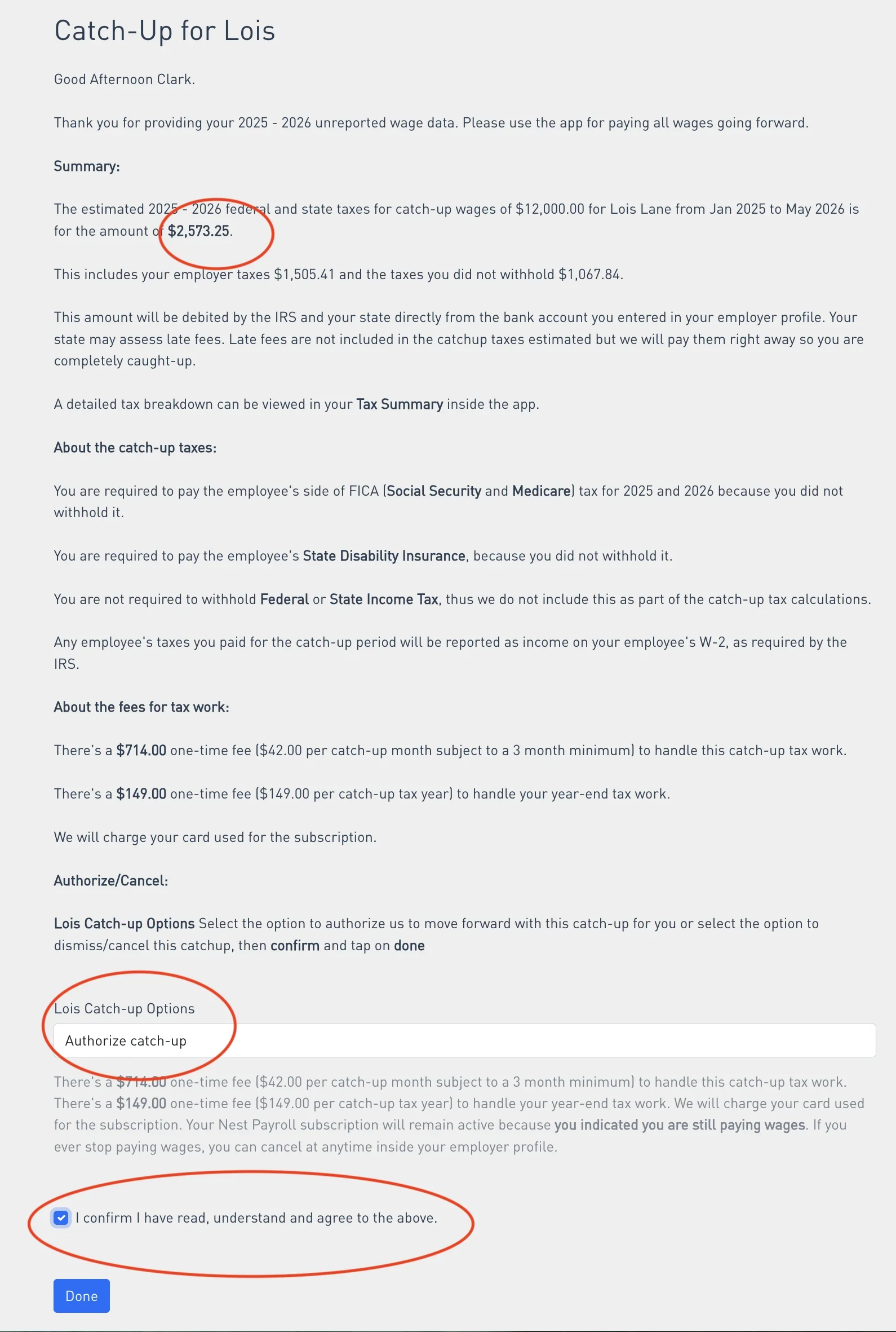 Nest Payroll catch-up Summary page showing the total amount owed, Authorize catch-up dropdown, confirmation checkbox, and Done button all circled in red