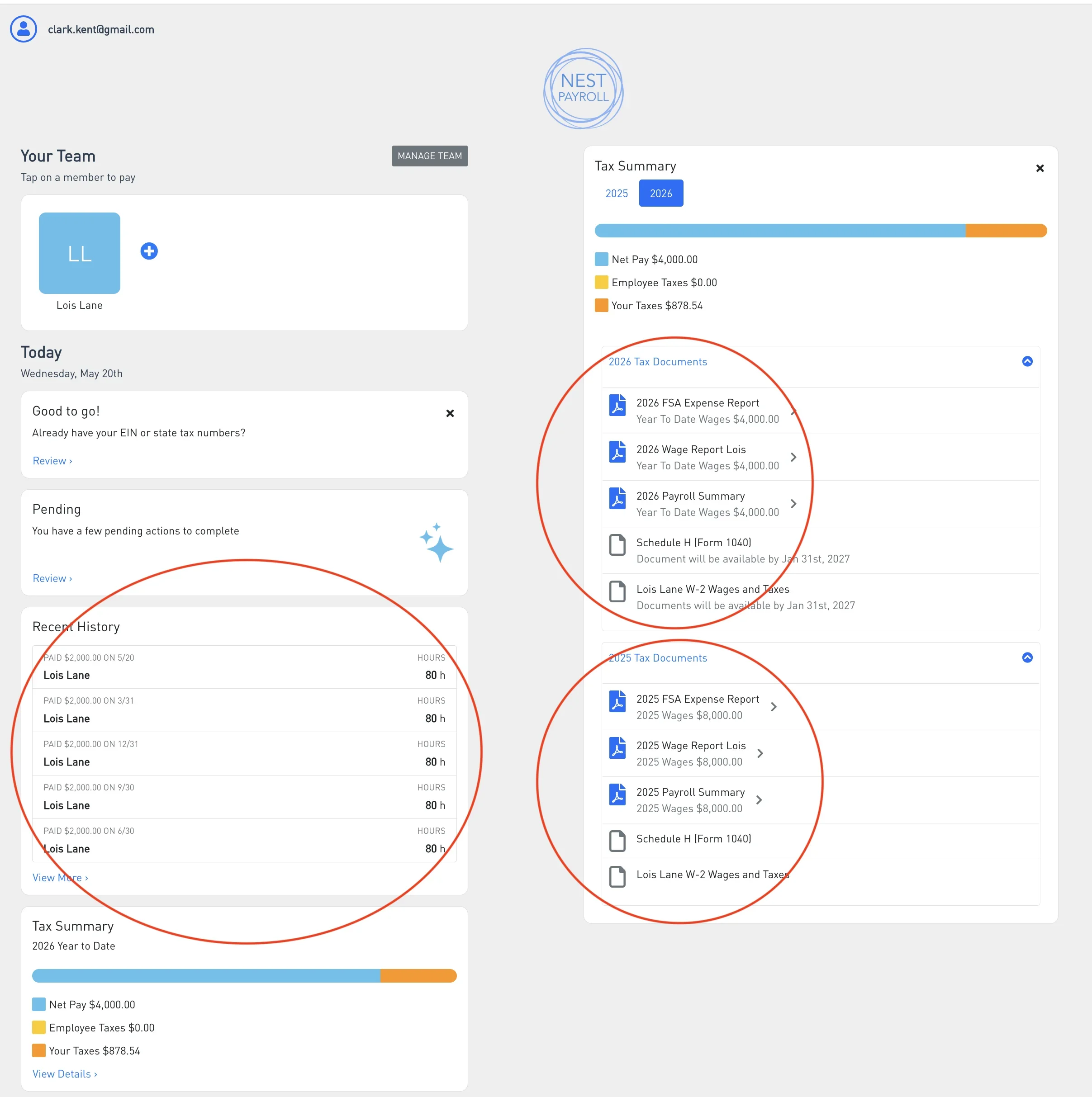 Nest Payroll dashboard with the Pay Stubs side panel showing back-dated paystubs from prior quarters, plus the year-to-date Tax Summary