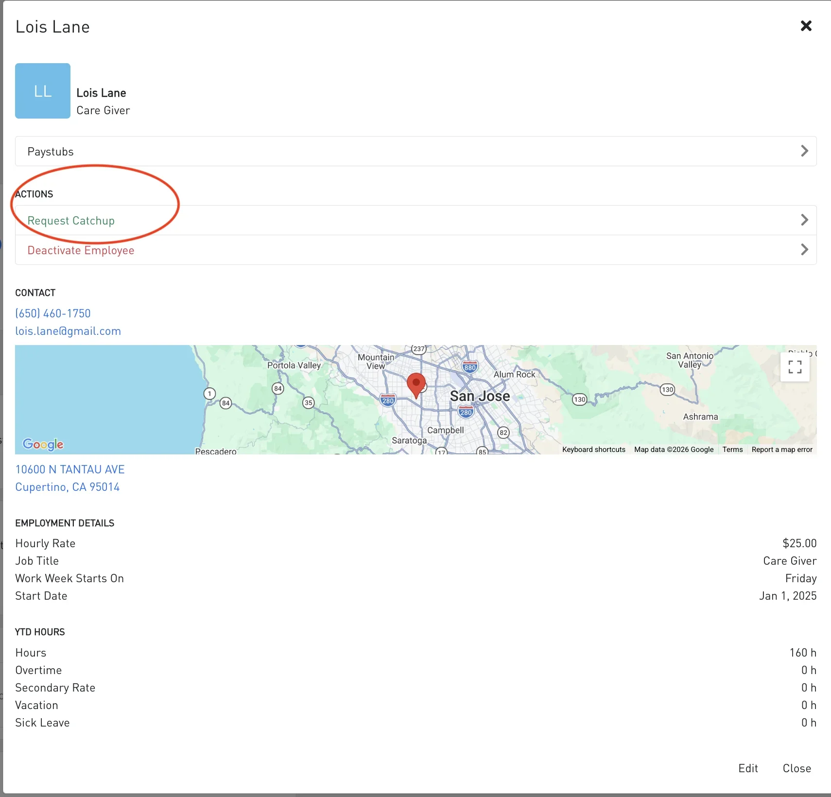 Nest Payroll employee profile showing the Actions list with Request Catchup circled in red