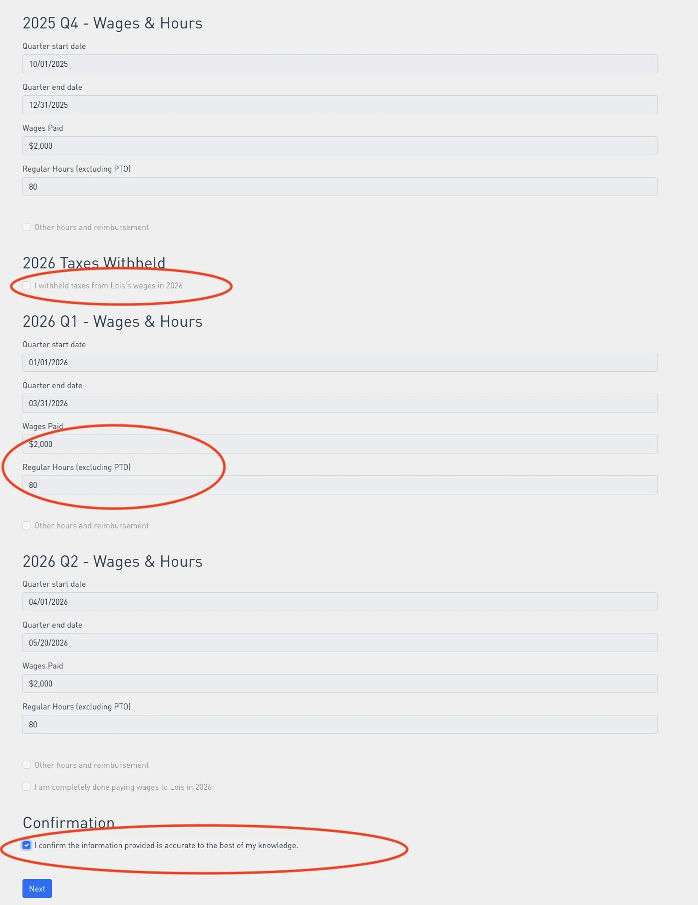 Catch-up form quarterly wages and hours grid with the I withheld taxes section, wages and hours fields, and confirmation row highlighted