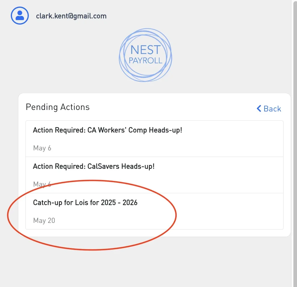 Nest Payroll Pending Actions list with the auto-generated catch-up form row circled in red