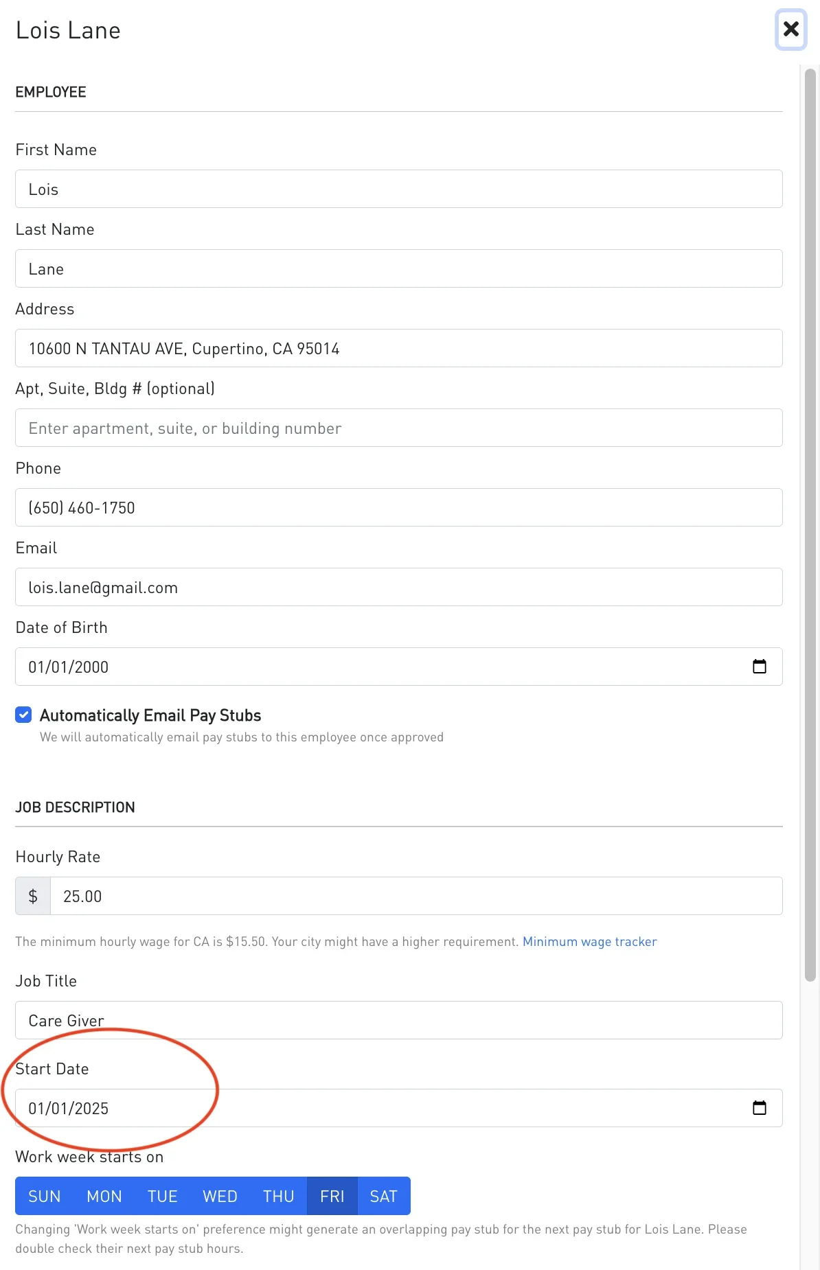 Nest Payroll Add Employee modal showing Hourly Rate, Job Title, and Start Date with the Start Date field circled in red