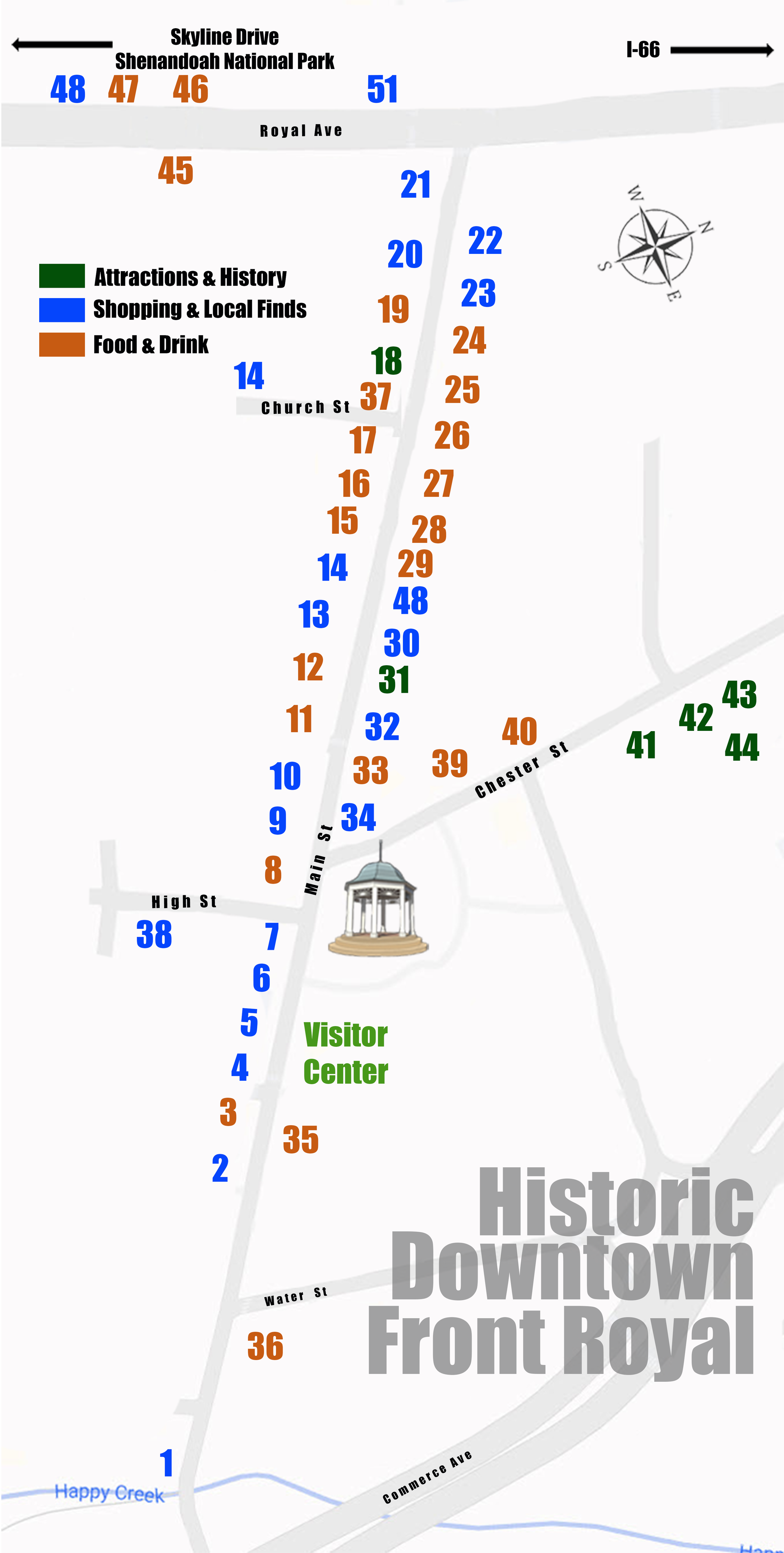Map of historic downtown Front Royal, VA showing numbered locations for restaurants, shops, and attractions