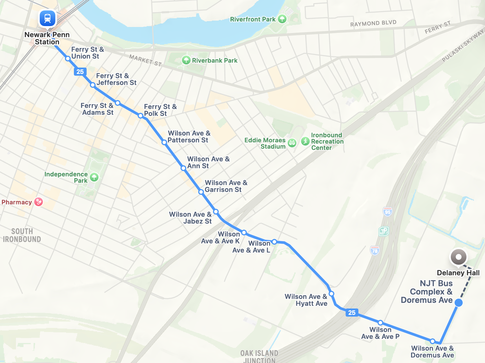 Map showing bus route from Newark Penn Station to Delaney Hall via #25 bus