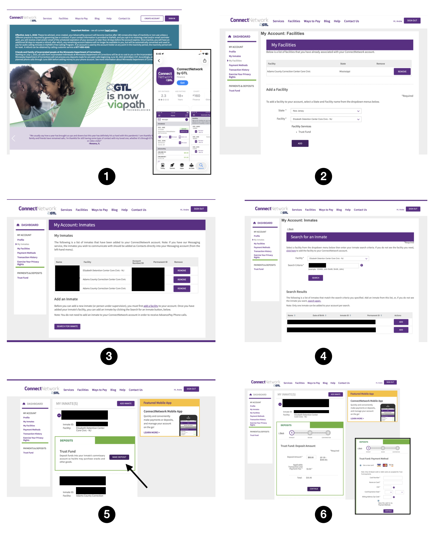 Illustrated step-by-step instructions for using ConnectNetwork for Elizabeth Detention Center