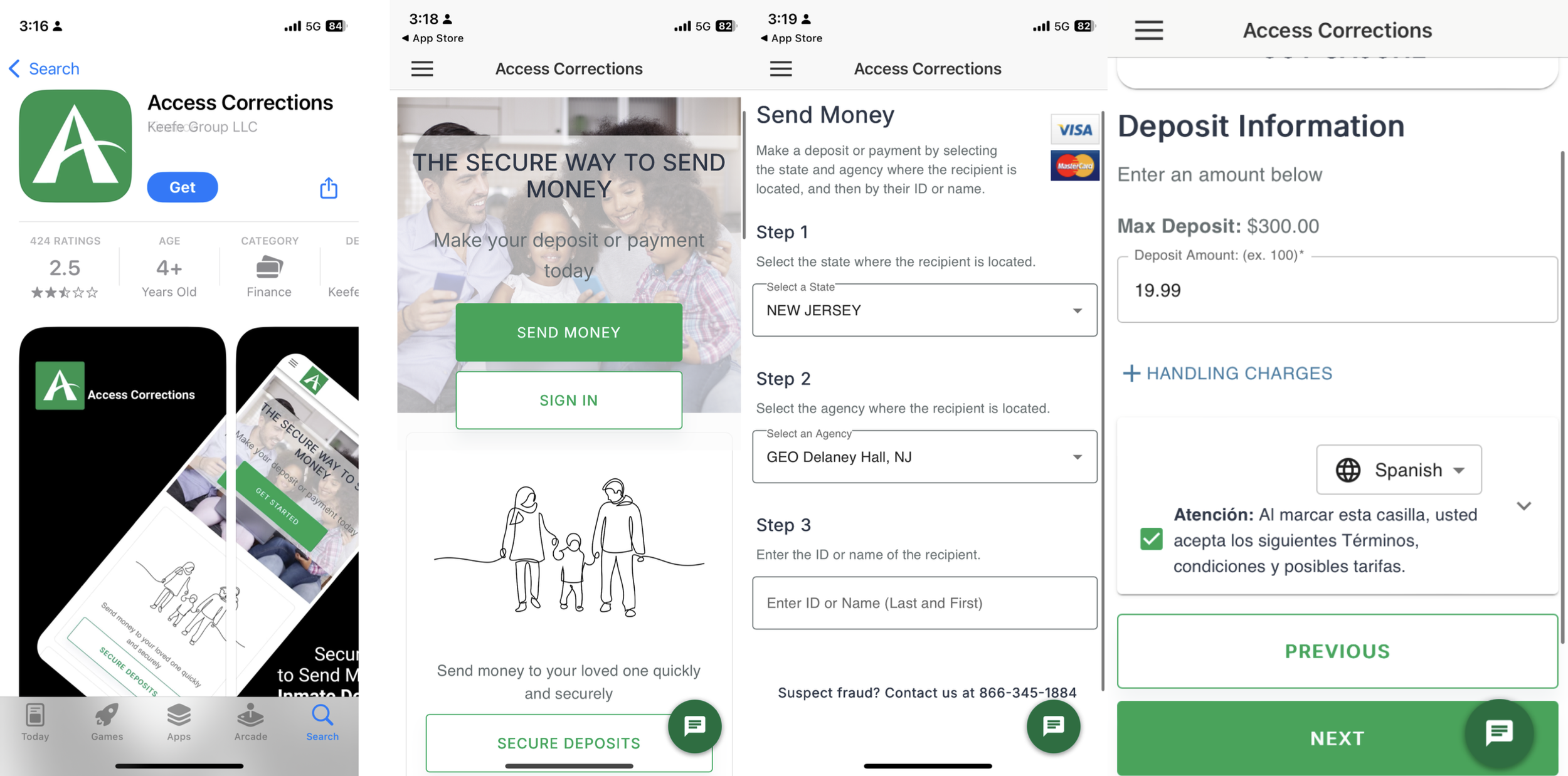 AccessCorrections app interface showing commissary ordering system with search function and product categories for inmates at Delaney Hall