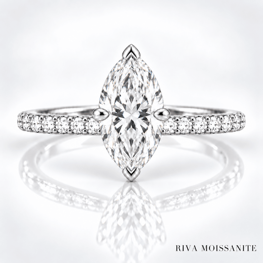Marquise moissanite engagement ring with pavé band in white gold