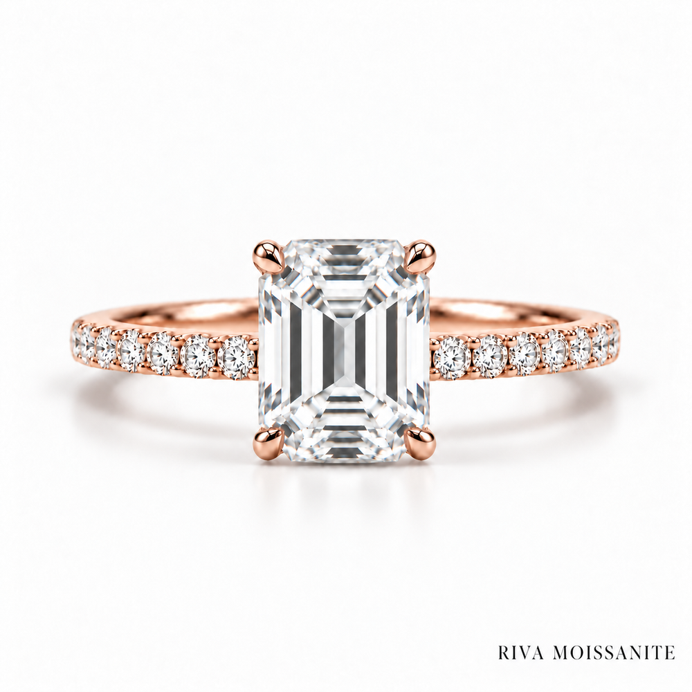 Emerald cut engagement ring with pavé band in rose gold