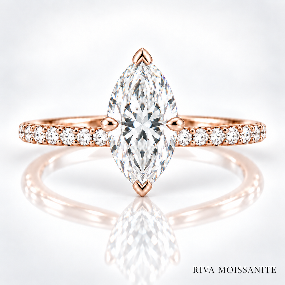 Marquise moissanite engagement ring with pavé band in rose gold