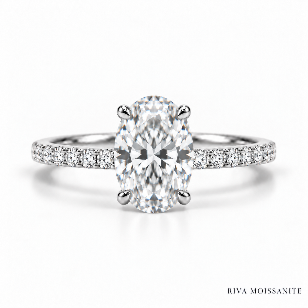Oval lab grown diamond ring with pavé band in white gold, made by RIVASOM in Bangkok