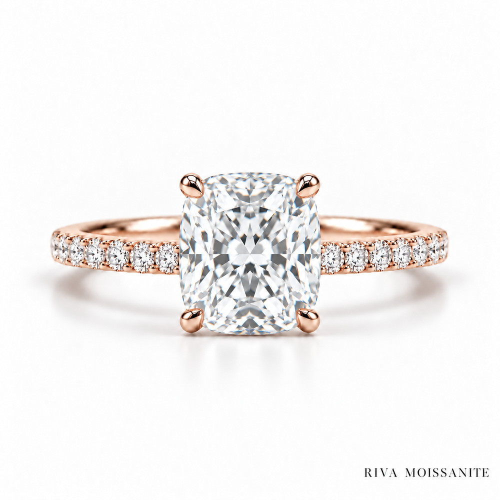 Cushion cut engagement ring with pavé band in rose gold